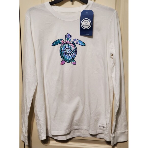 Life Is Good Women's Colorful Turtle Long Sleeve White T-Shirt Size LARGE - NEW - Picture 1 of 7